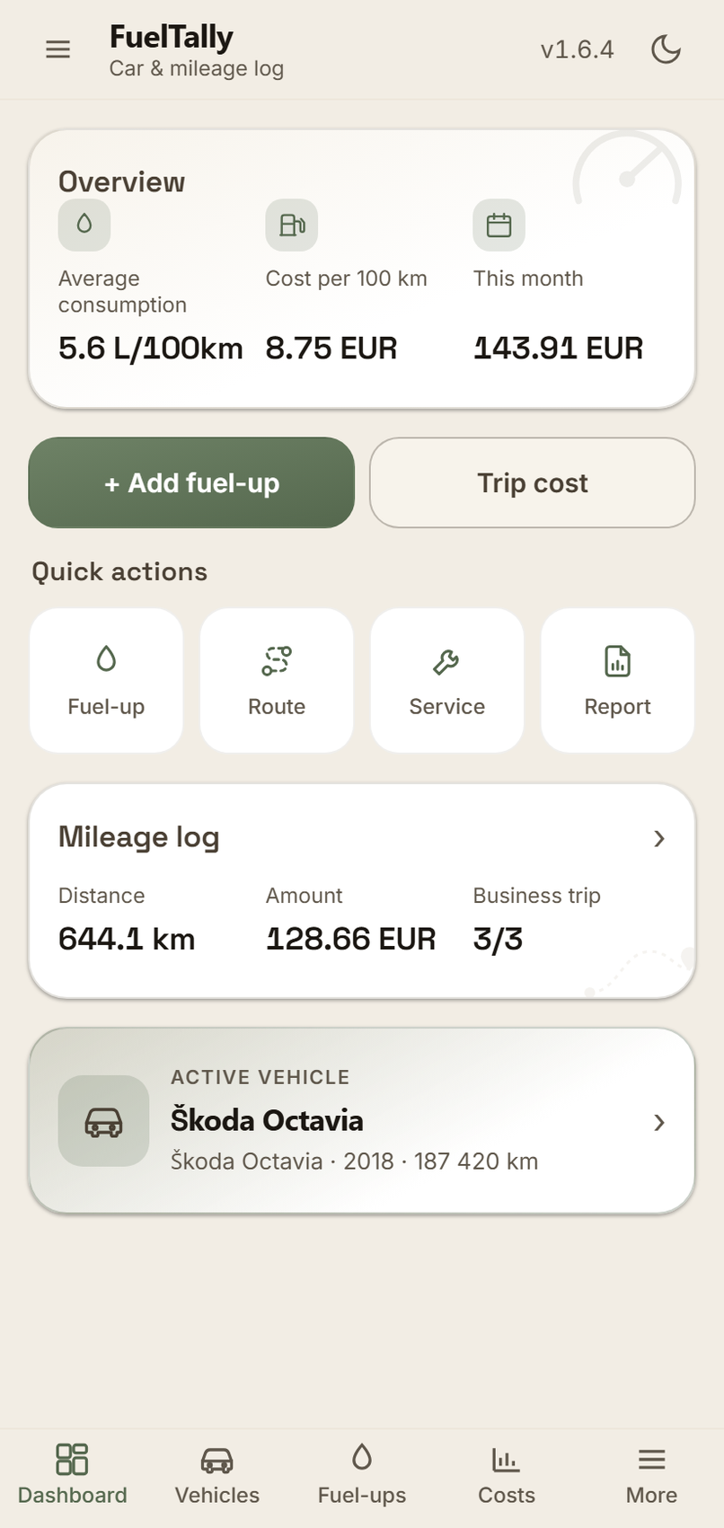 Dashboard with vehicle cards