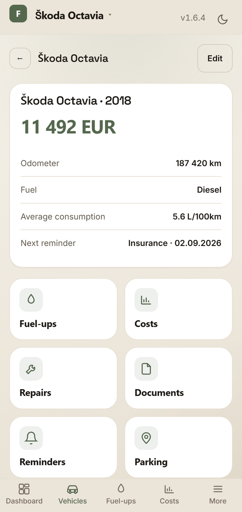 Vehicle hub with specs and shortcuts