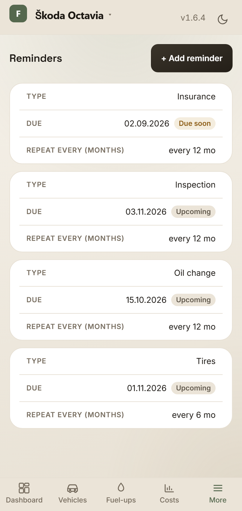 Service reminders with statuses